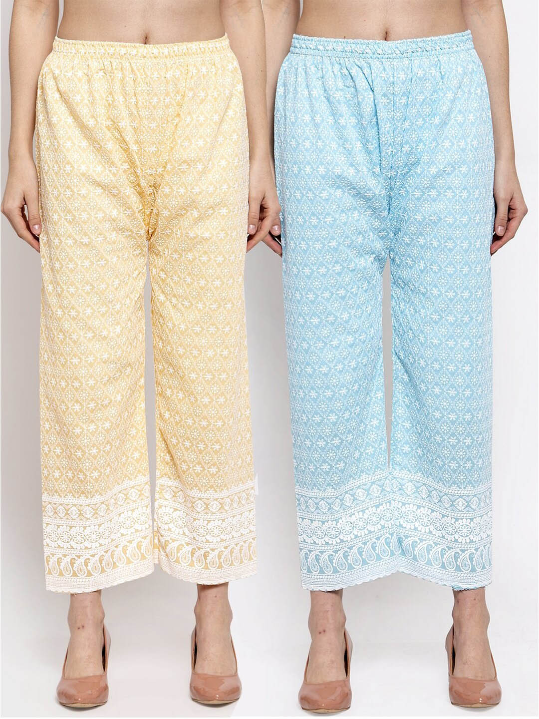 

Miaz Lifestyle Women Blue & Beige Pack Of 2 Floral Embroidered Cotton Palazzos