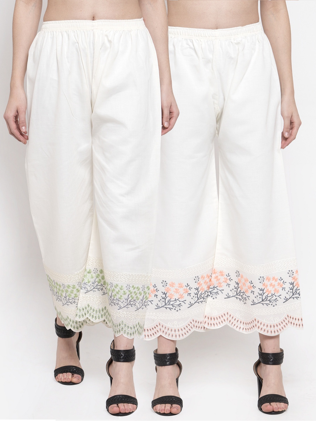 

Miaz Lifestyle Women Cream-Coloured Pack of 2 Embroidered 100% Cotton Palazzos