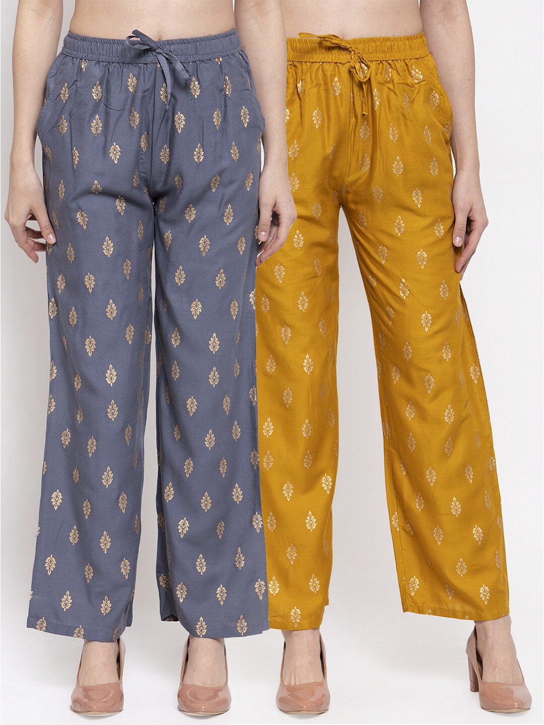 

Miaz Lifestyle Women Set Of 2 Grey & Mustard Yellow Ethnic Motifs Printed Knitted Palazzos