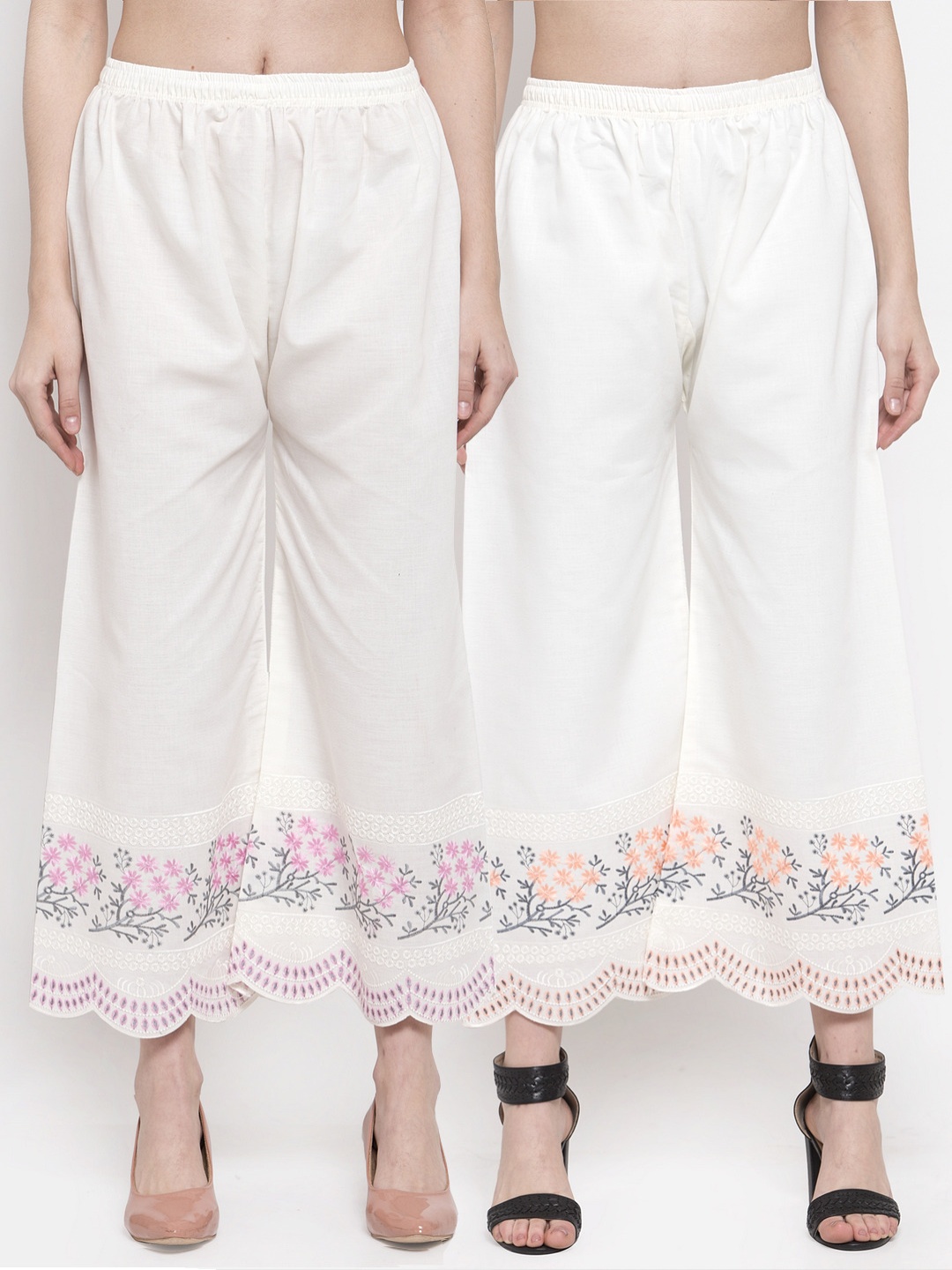 

Miaz Lifestyle Pack of 2 Women White & Pink Hem Design Cotton Palazzos