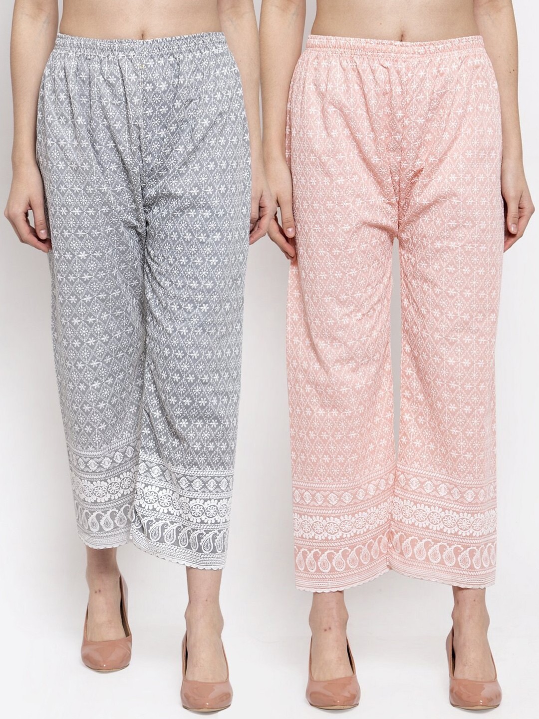 

Miaz Lifestyle Pack of 2 Women Grey & Pink Embroidered 100% Cotton Palazzos