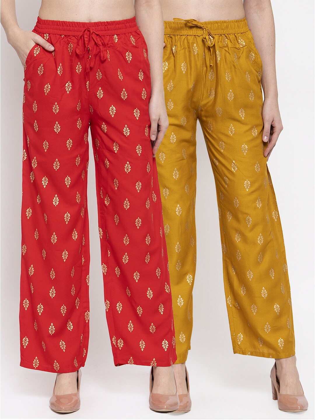 

Miaz Lifestyle Women Set Of 2 Red & Mustard Yellow Ethnic Motifs Printed Palazzos