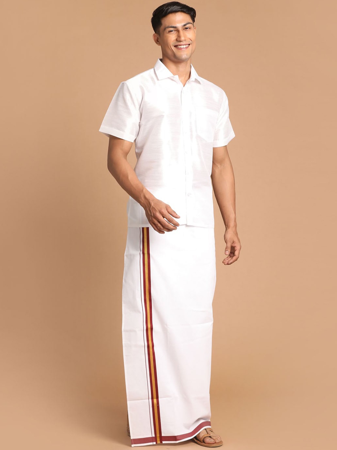 

VASTRAMAY Men White Shirt with Mundu