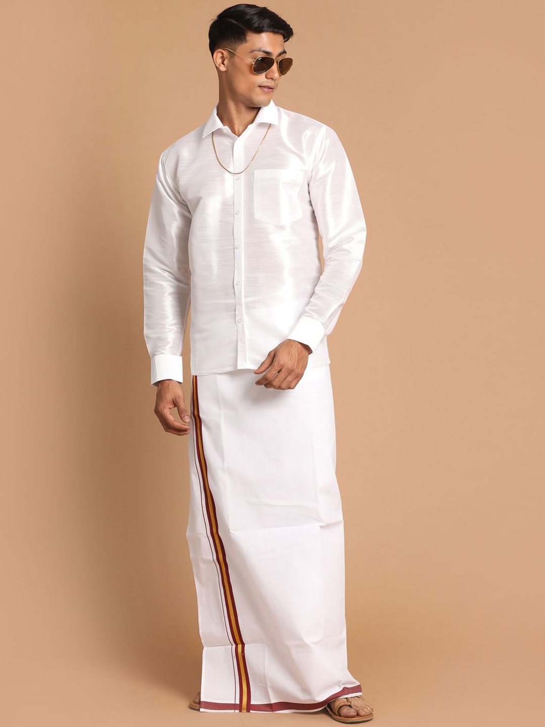 

VASTRAMAY Men White Shirt with Mundu