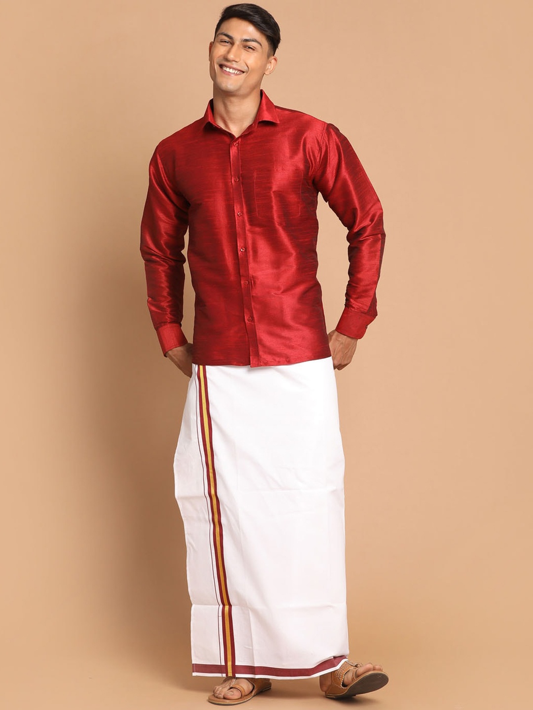 

VASTRAMAY Men Maroon & White Shirt With Mundu Set