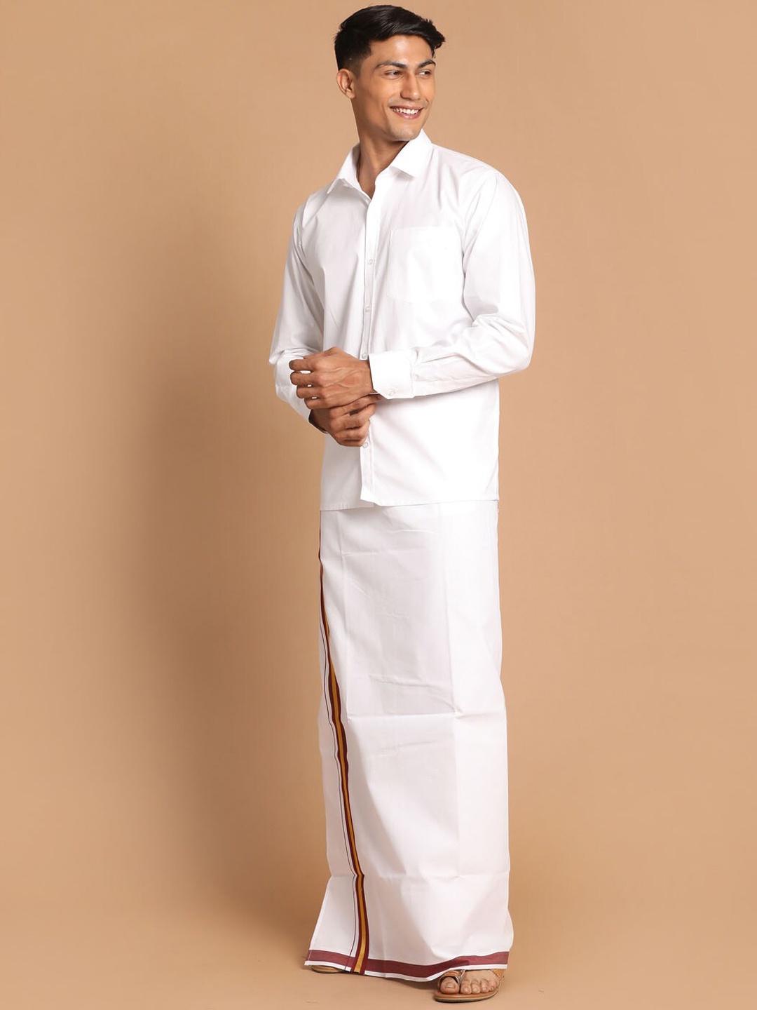 

VASTRAMAY Men White Shirt with Mundu Set