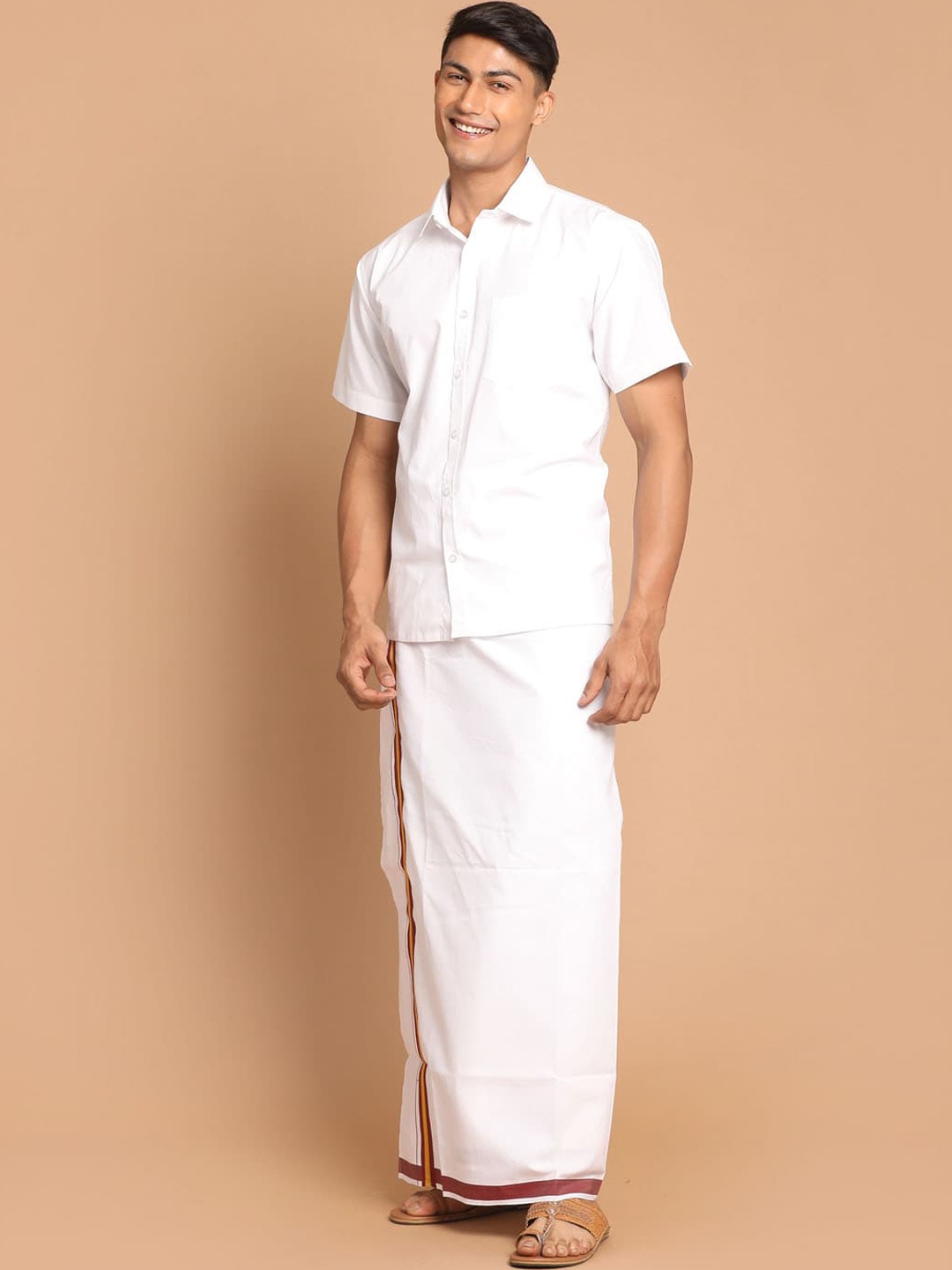 

VASTRAMAY Men White Shirt with Mundu Set