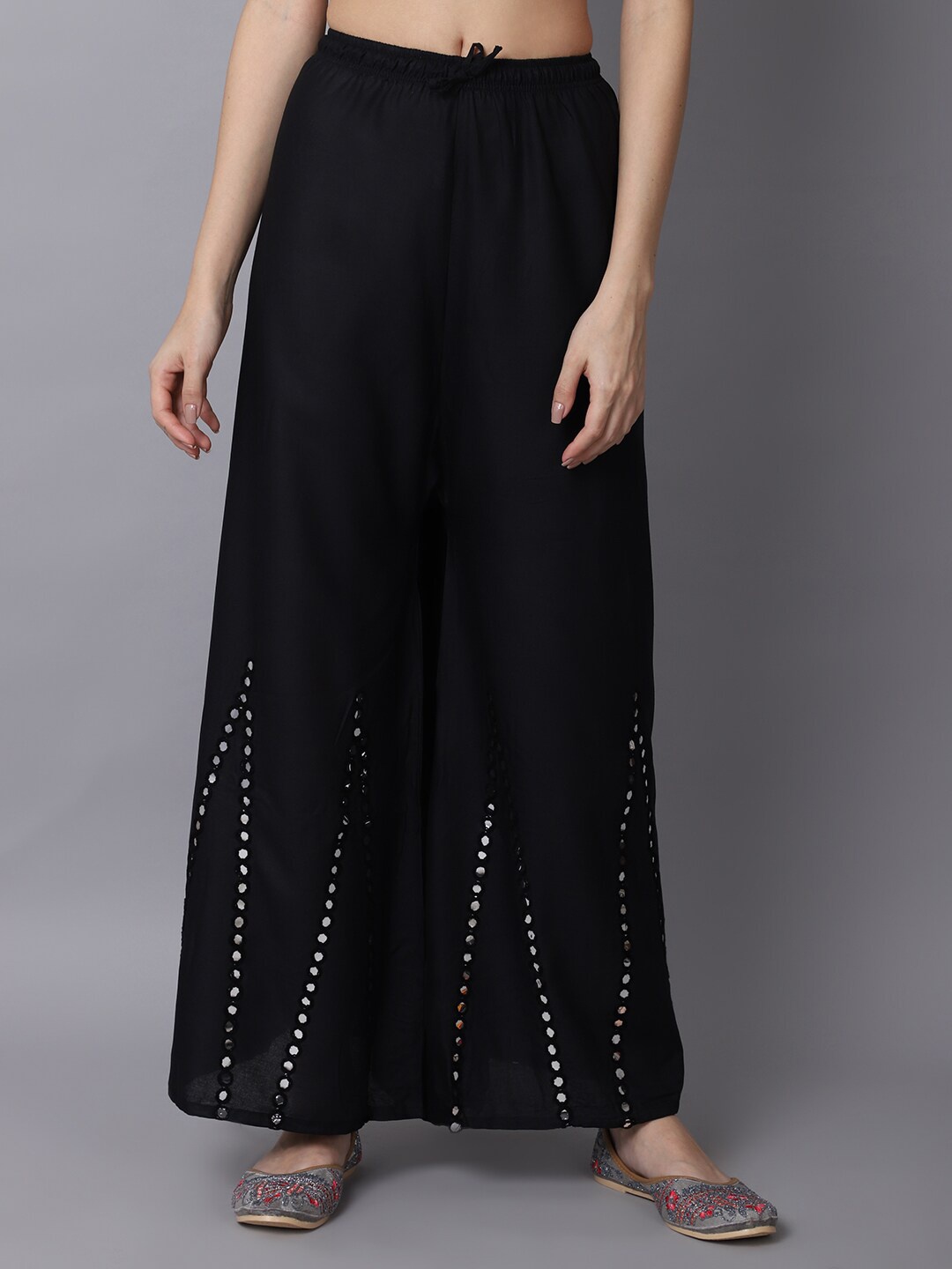 

GRACIT Women Black & White Embroidered Flared Palazzos