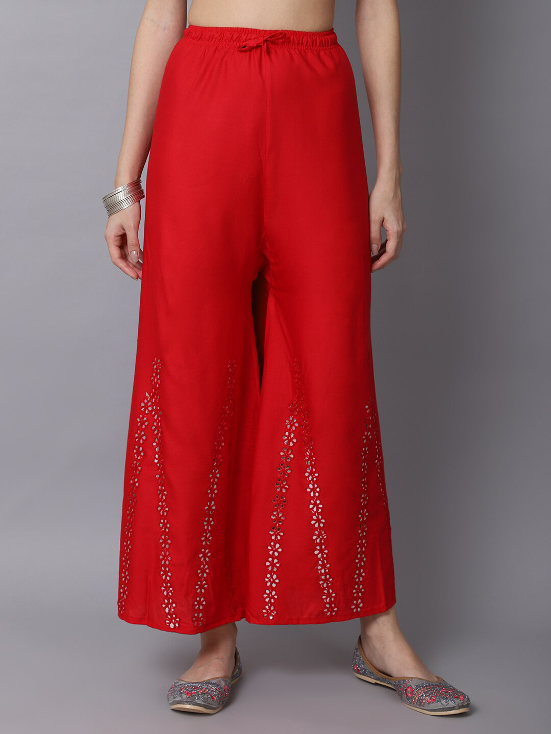 

GRACIT Women Red & White Floral Embroidered Flared Ethnic Palazzos