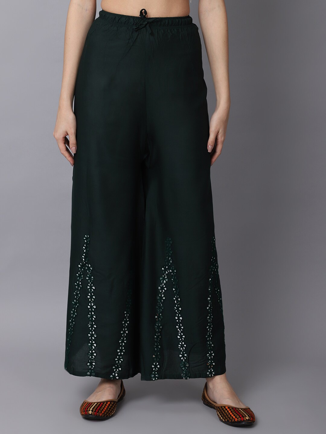 

GRACIT Women Green Floral Hem Design Flared Knitted Ethnic Palazzos