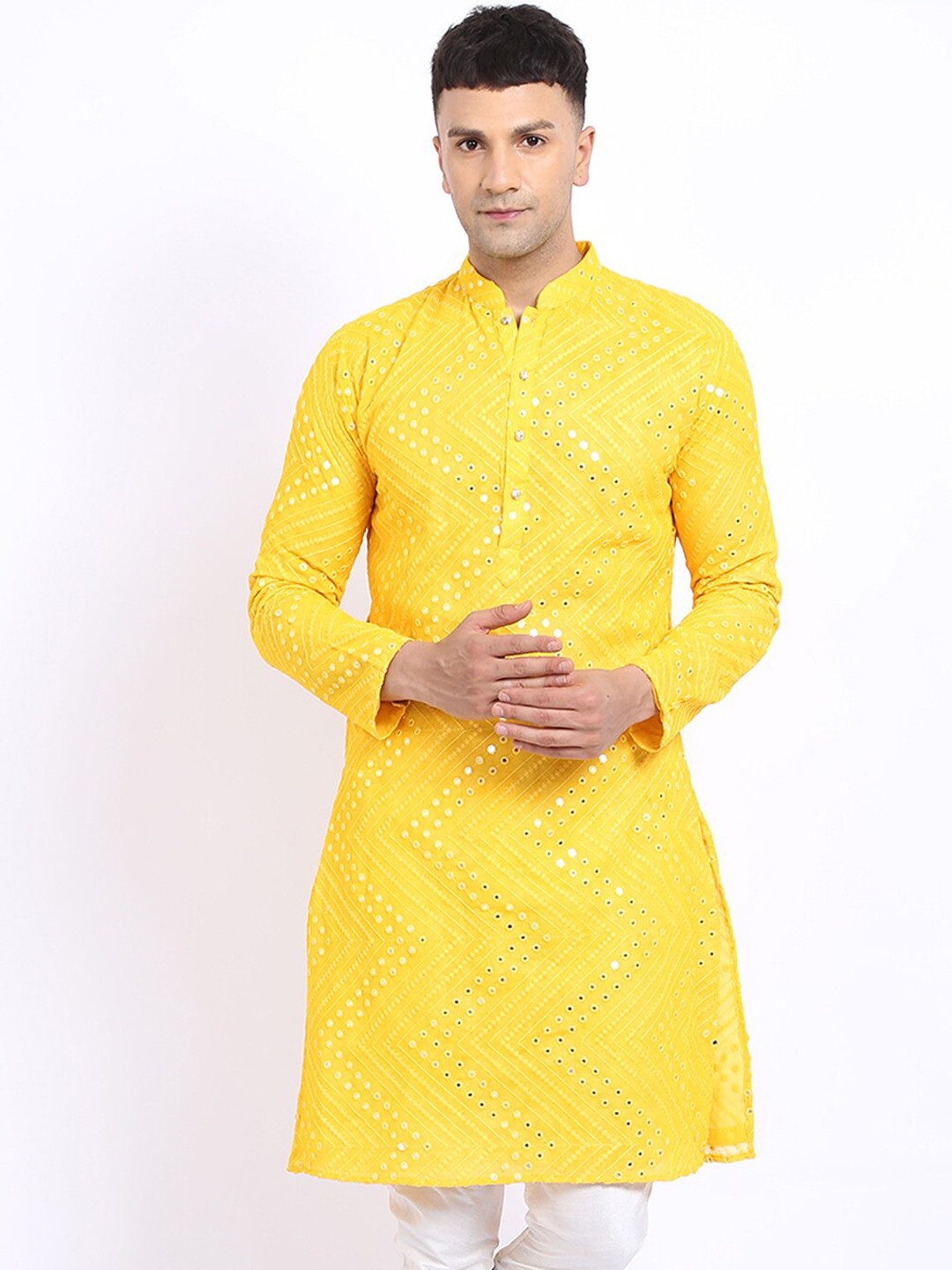 

TREEMODA Men Yellow Ethnic Motifs Mirror Work Embroidered Georgette Kurta