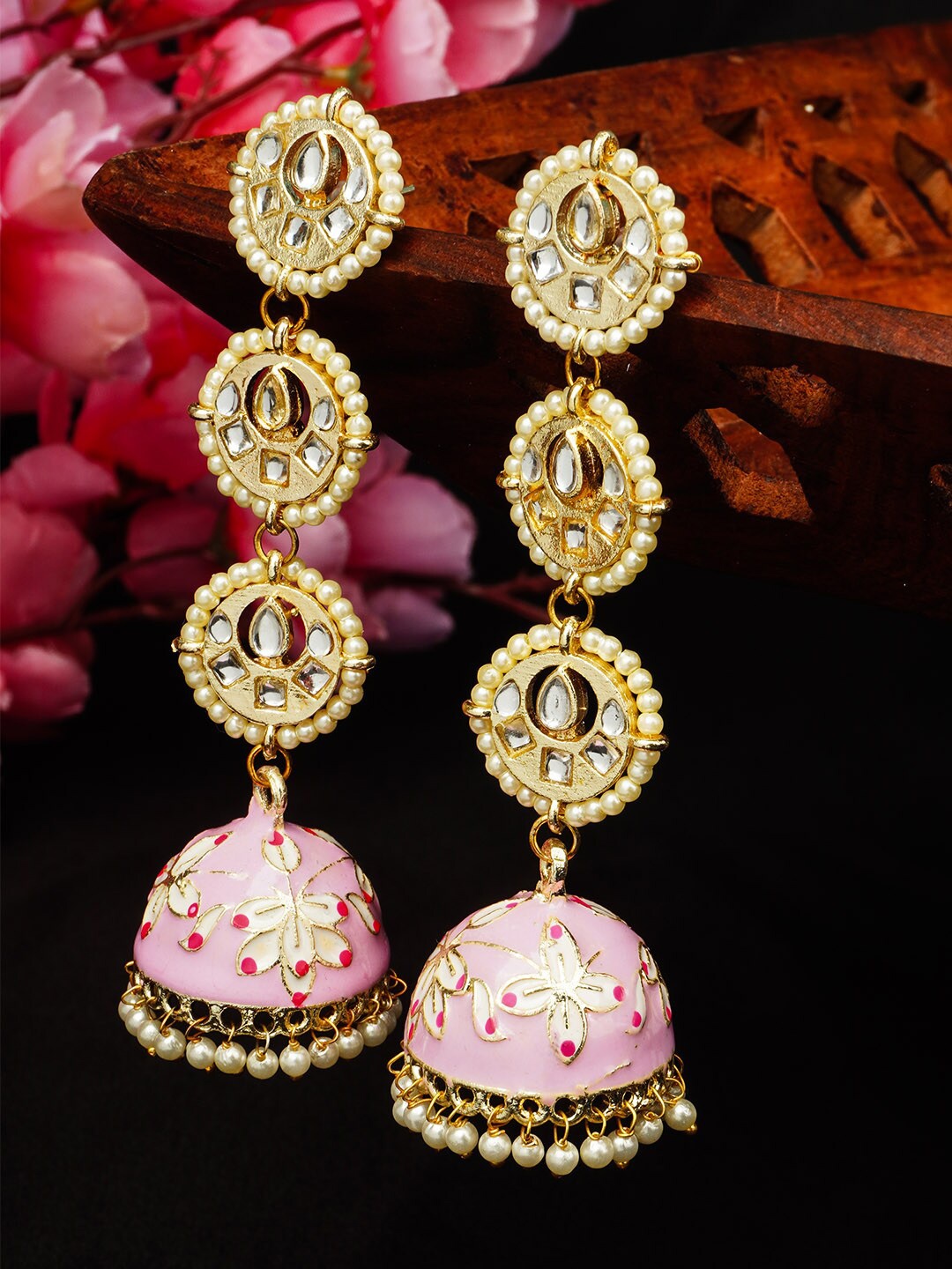 

Urmika Pink Teardrop Shaped Jhumkas Earrings