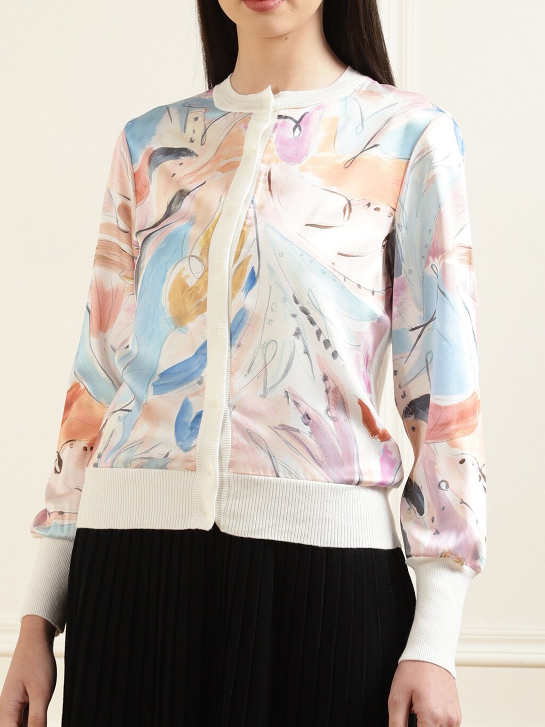 

Ted Baker Women Cream-Coloured & Blue Floral Printed Cardigan