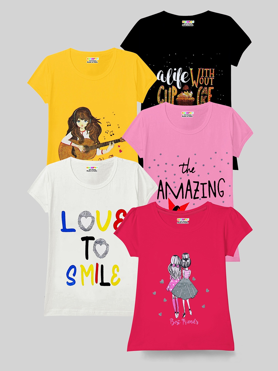 

KUCHIPOO Girls Pack of 5 Multicoloured Typography Printed T-shirts, Multi