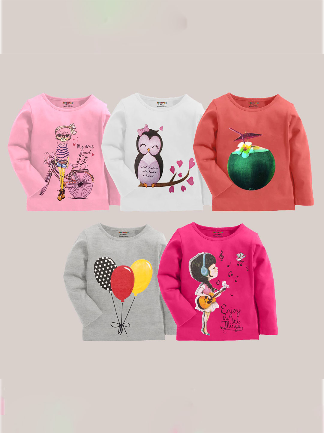 

KUCHIPOO Pack of 5 Girls Pink & White Printed Cotton T-shirt