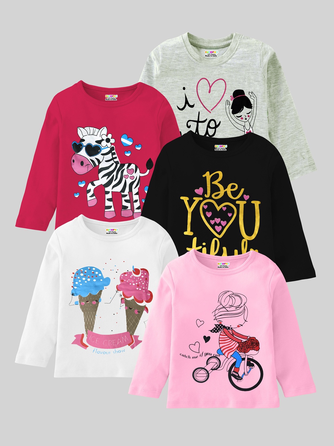 

KUCHIPOO Girls Pack of 5 Multicolored Graphic Printed T-shirts, Multi