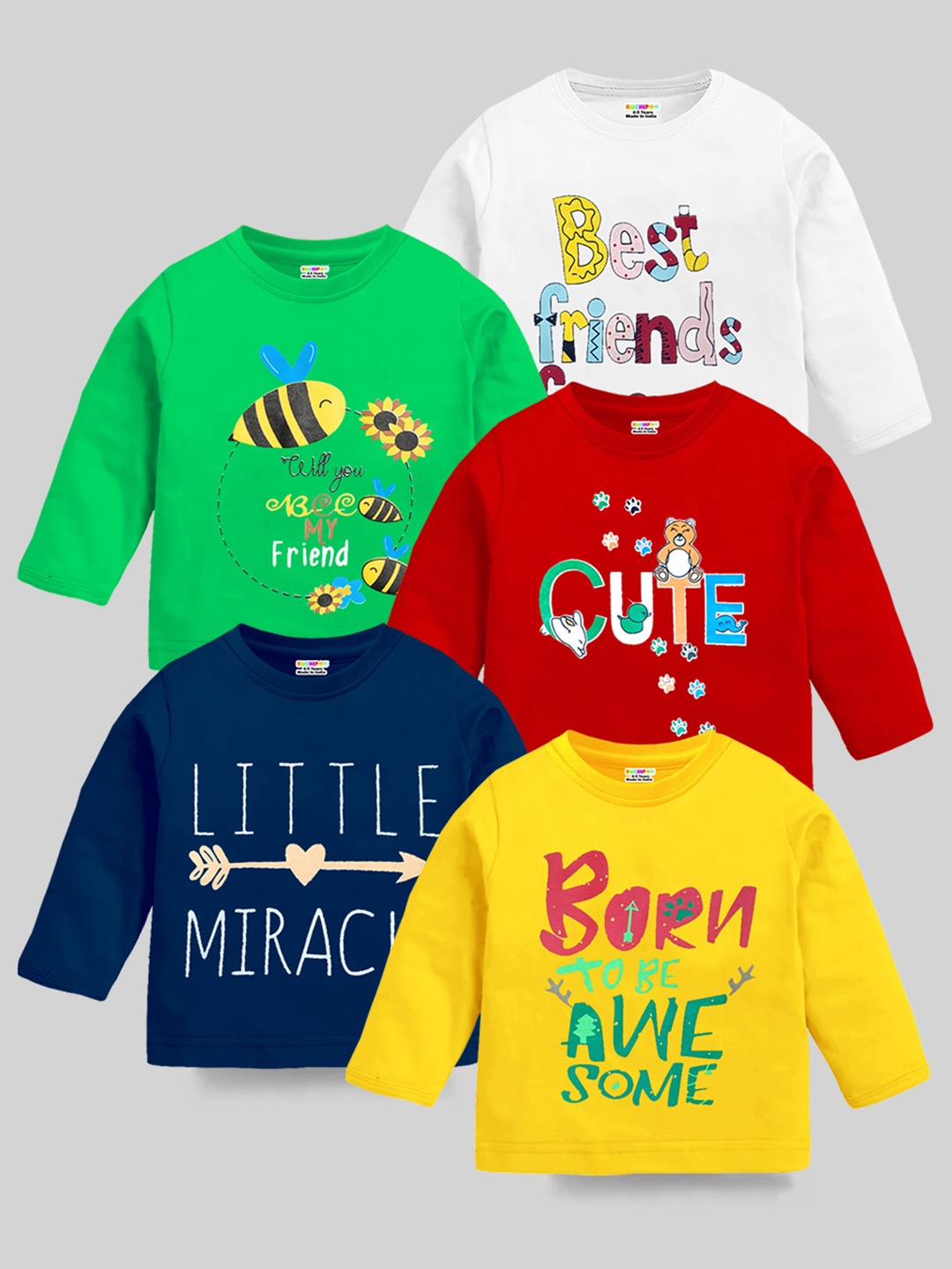 

KUCHIPOO Kids Red & Green Pack Of 5 Typography Printed T-shirt