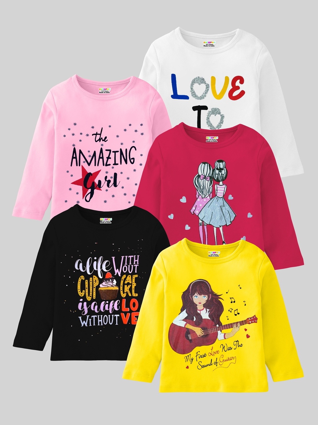 

KUCHIPOO Girls Pack Of 5 Printed Applique T-shirt, Red