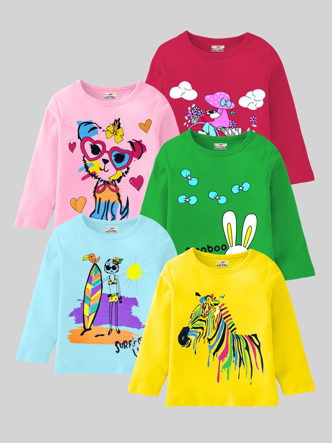 

KUCHIPOO Girls Yellow ,Blue, Red ,Pink& Green 5 Printed T-shirt