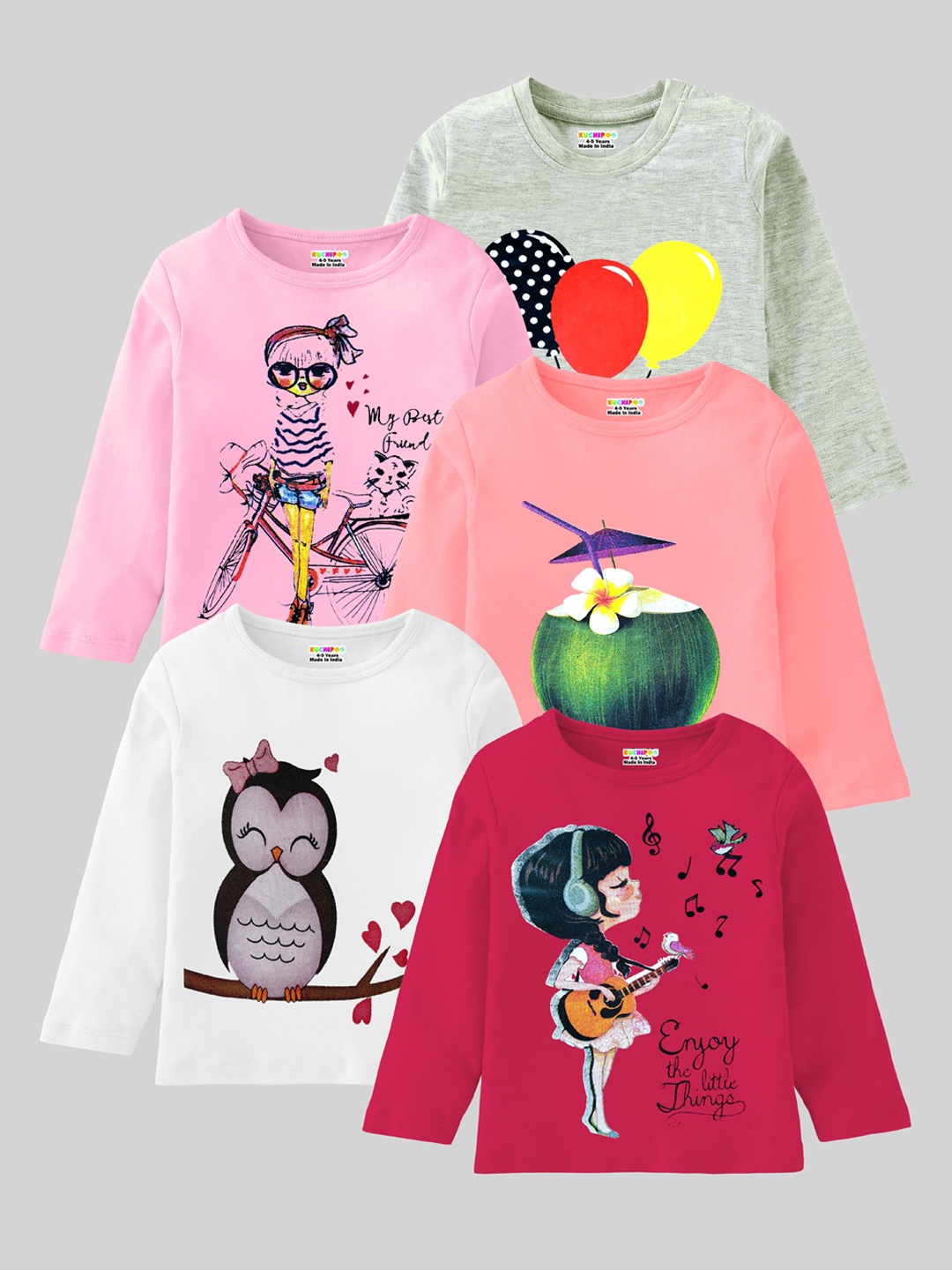 

KUCHIPOO Girls Pack of 5 Printed T-shirts, Pink