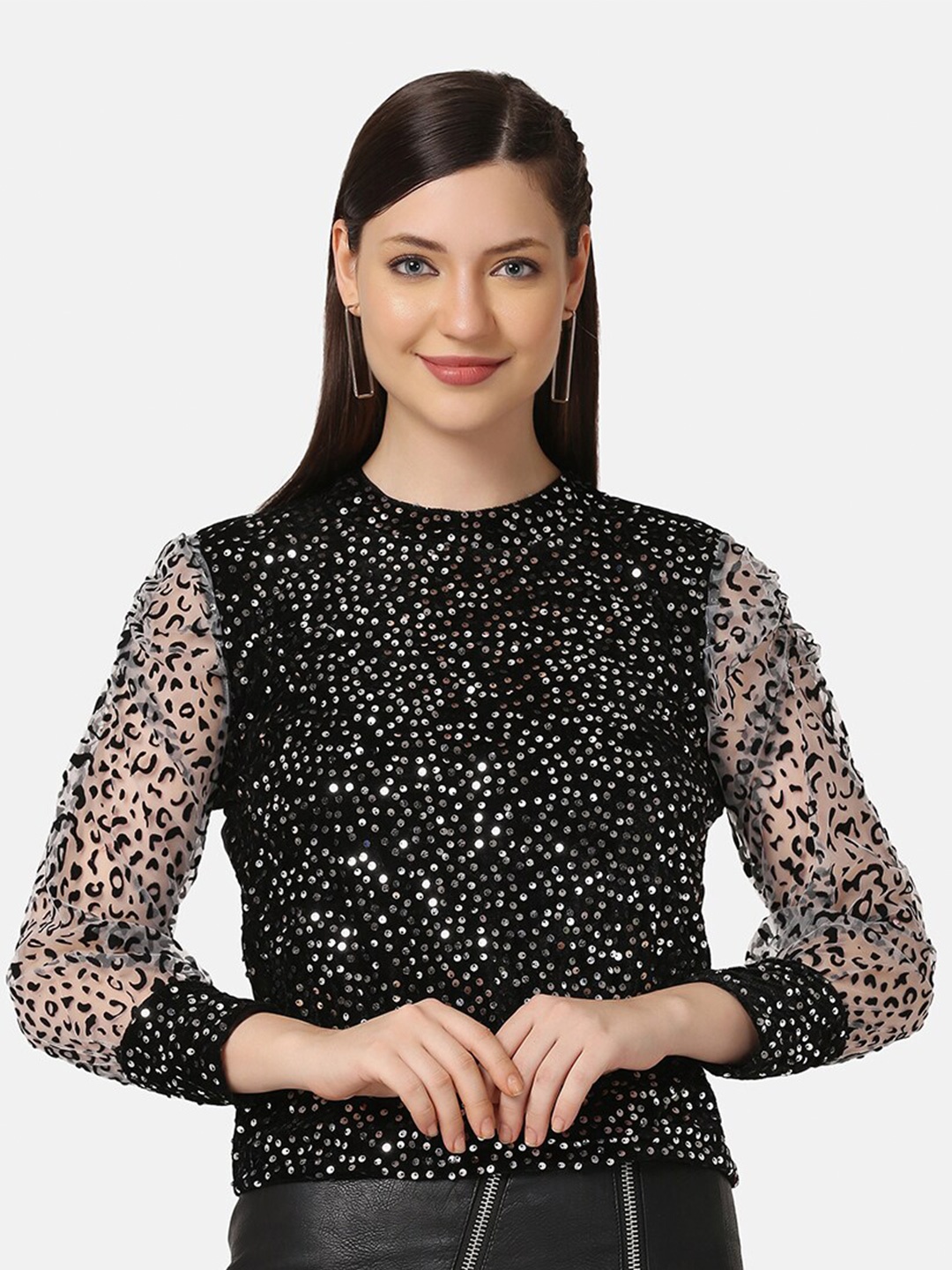 

BUY NEW TREND Women Black Embellished Velvet Top