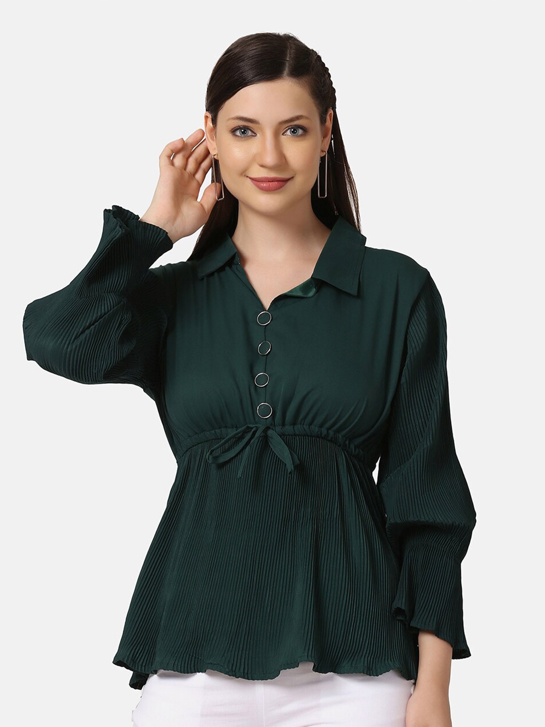 

BUY NEW TREND Green Crepe Cinched Waist Top