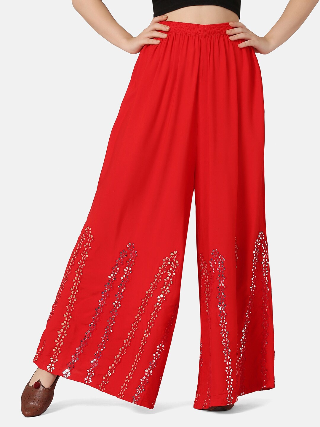 

BUY NEW TREND Women Red Floral Embroidered Palazzos