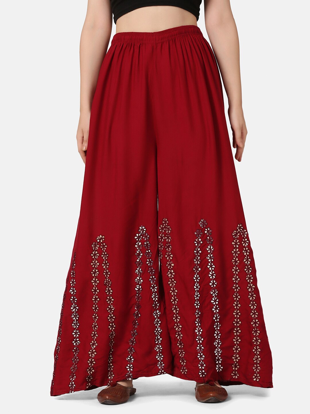 

BUY NEW TREND Women Maroon Floral Embroidered Flared Knitted Palazzos