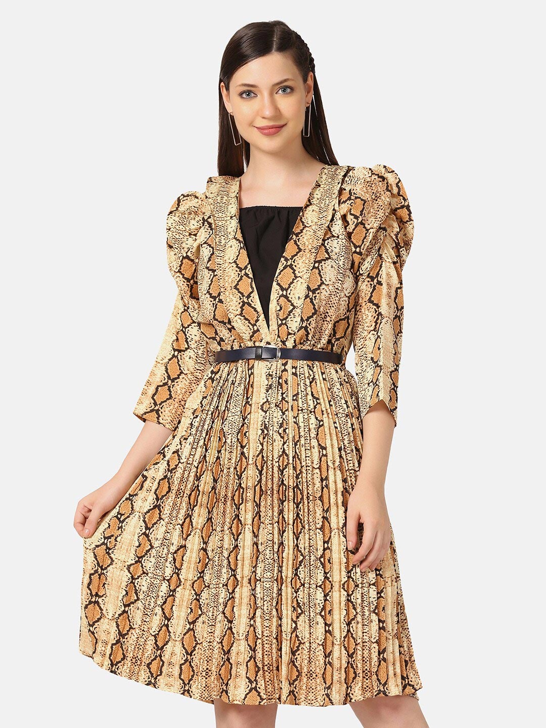 

BUY NEW TREND Women Beige Leopard Print Belted Women Dress
