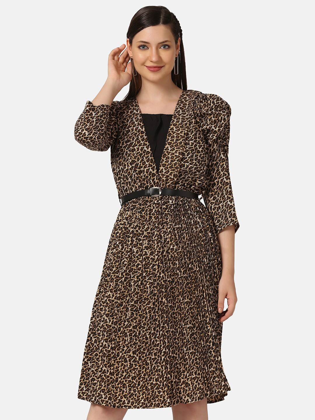 

BUY NEW TREND Women Brown Leopard Print Belted A-Line Dress