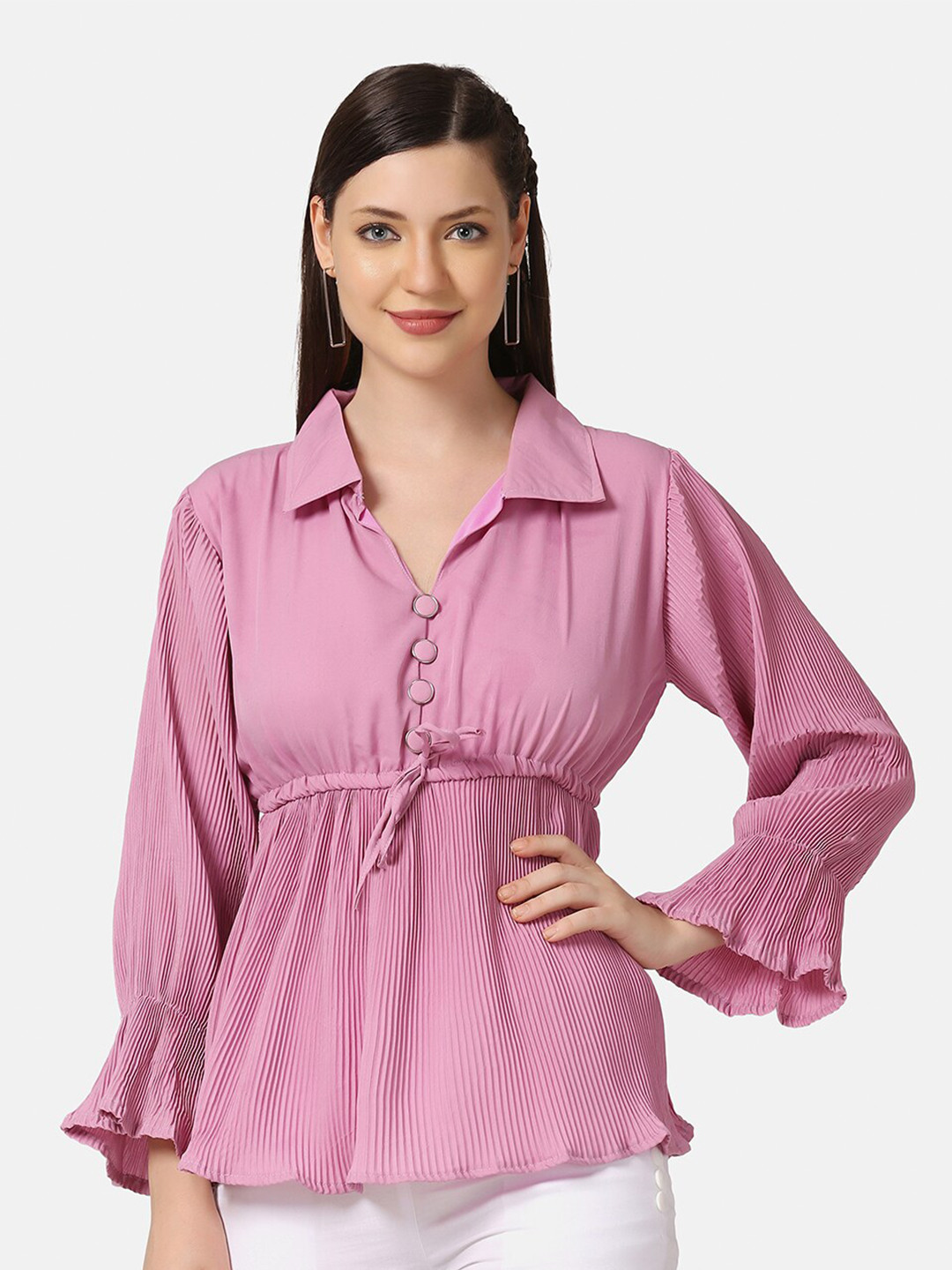 

BUY NEW TREND Pink Crepe Cinched Waist Top