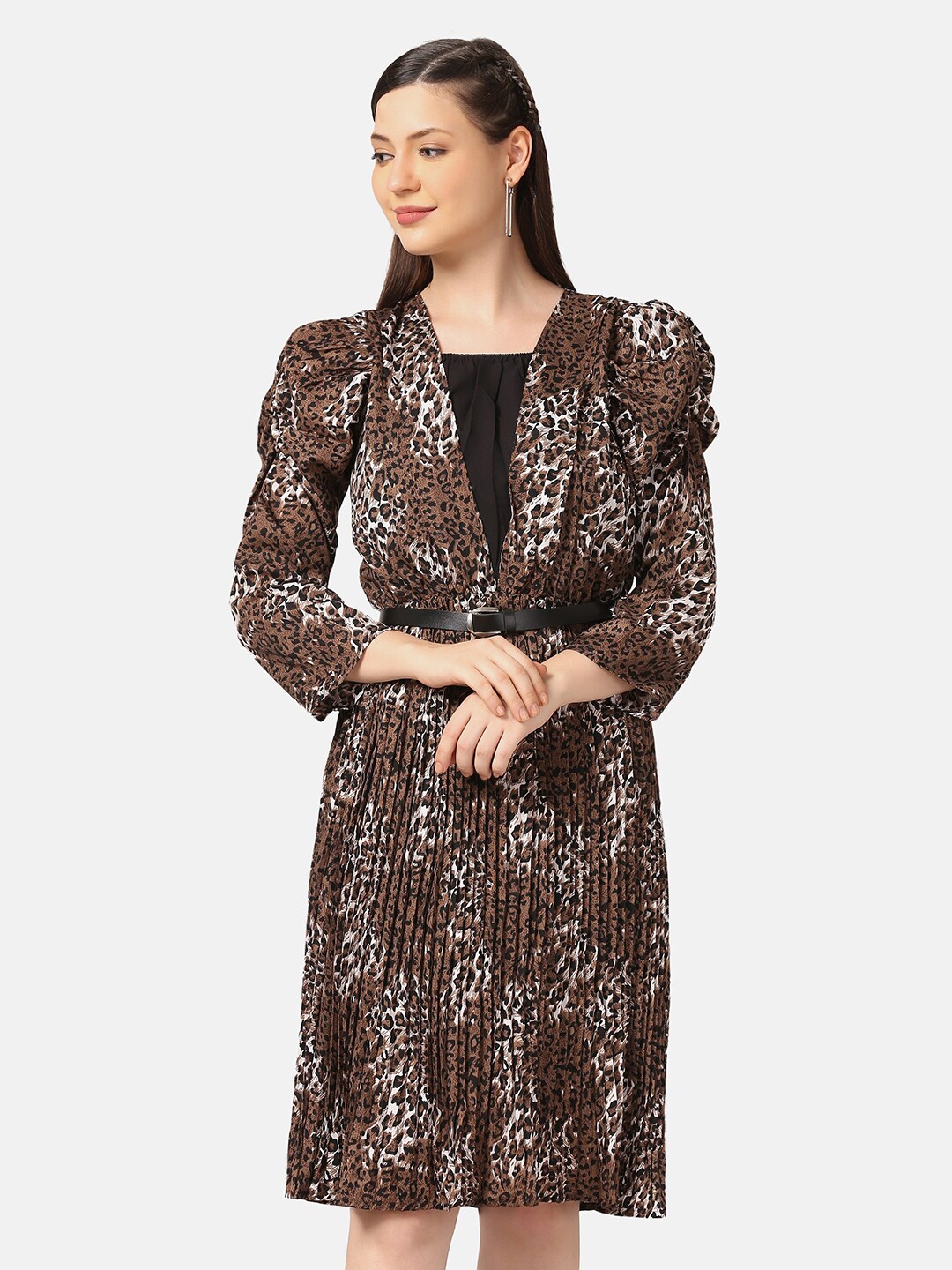 

BUY NEW TREND Women Coffee Brown Animal Crepe A-Line Dress