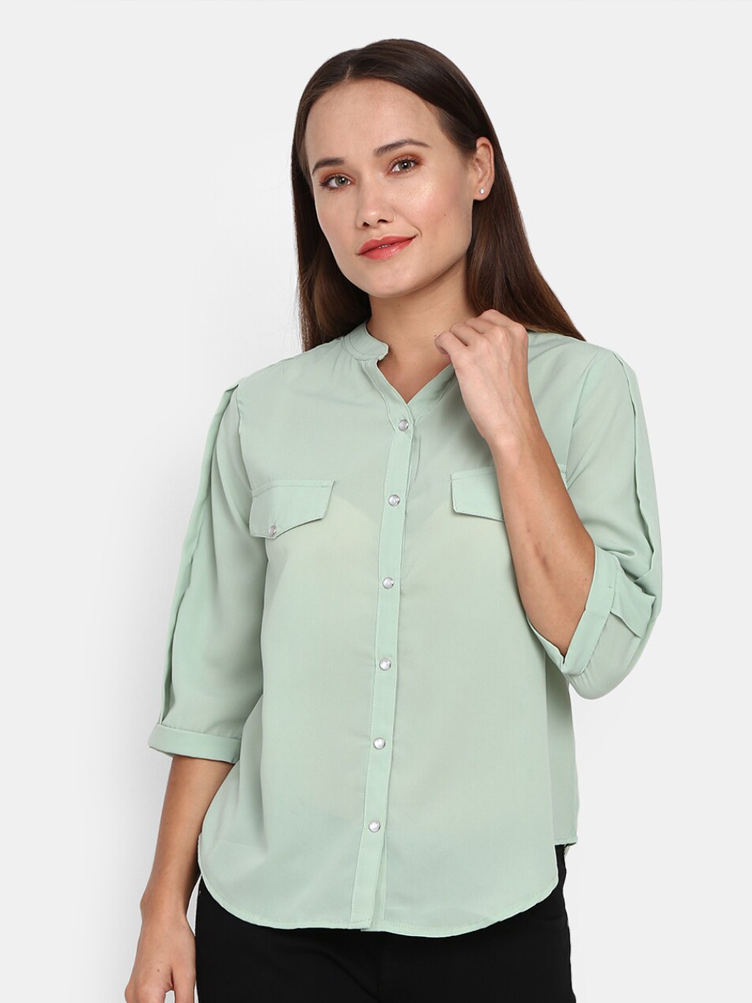 

V-Mart Women Green Solid Classic Round Neck Casual Shirt
