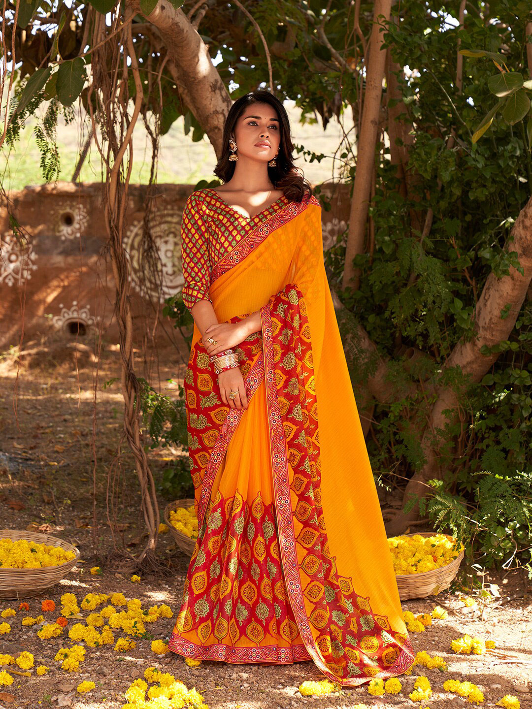 

Shaily Yellow & Red Ethnic Motifs Pure Chiffon Saree