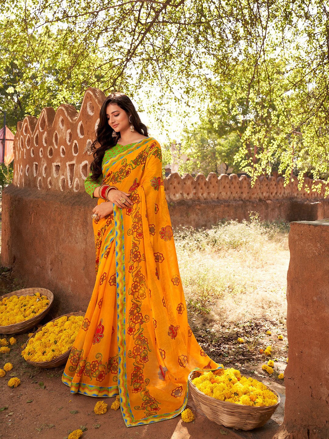 

Shaily Yellow & Red Floral Pure Chiffon Saree