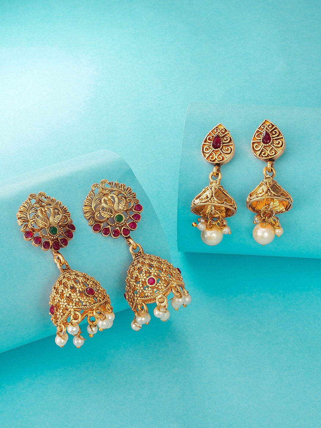 

aadita Gold-Toned Contemporary set of 2 Jhumkas Earrings