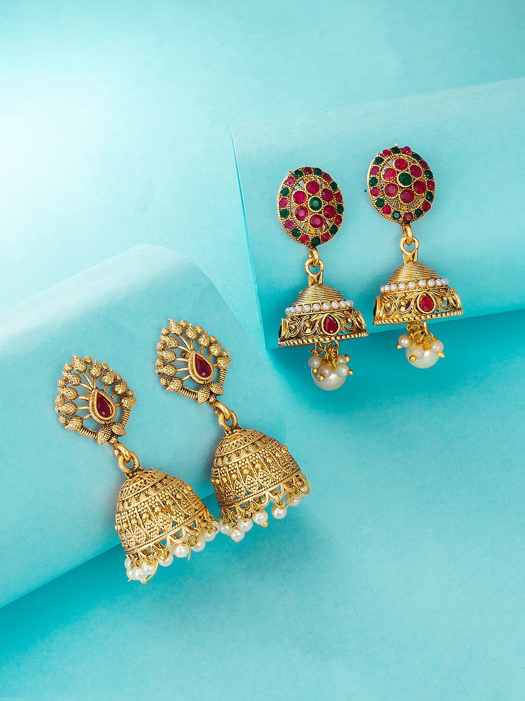 

aadita Women Gold-Toned Pack of 2 Contemporary Jhumkas Earrings