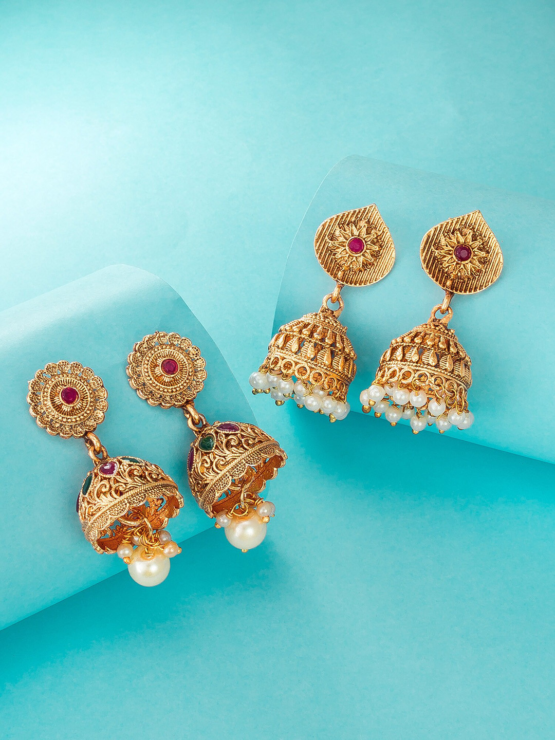 

aadita Pack of 2 Gold-Toned & White Dome Shaped Jhumkas Earrings