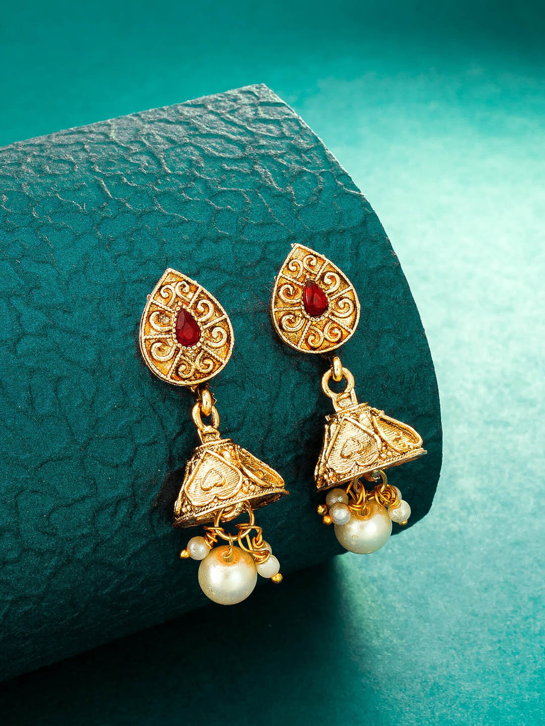

aadita Gold-Toned Contemporary Jhumkas Earrings