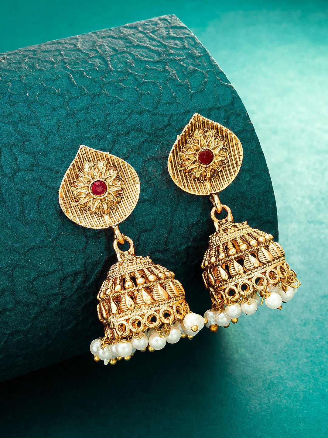 

aadita Gold-Toned Contemporary Jhumkas Earrings