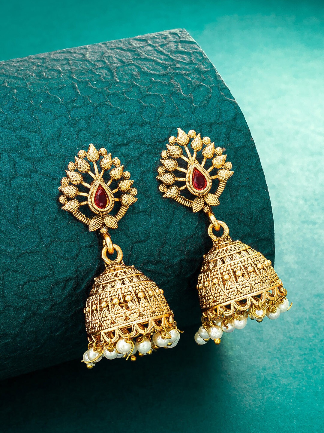 

aadita Gold-Toned Contemporary Jhumkas Earrings