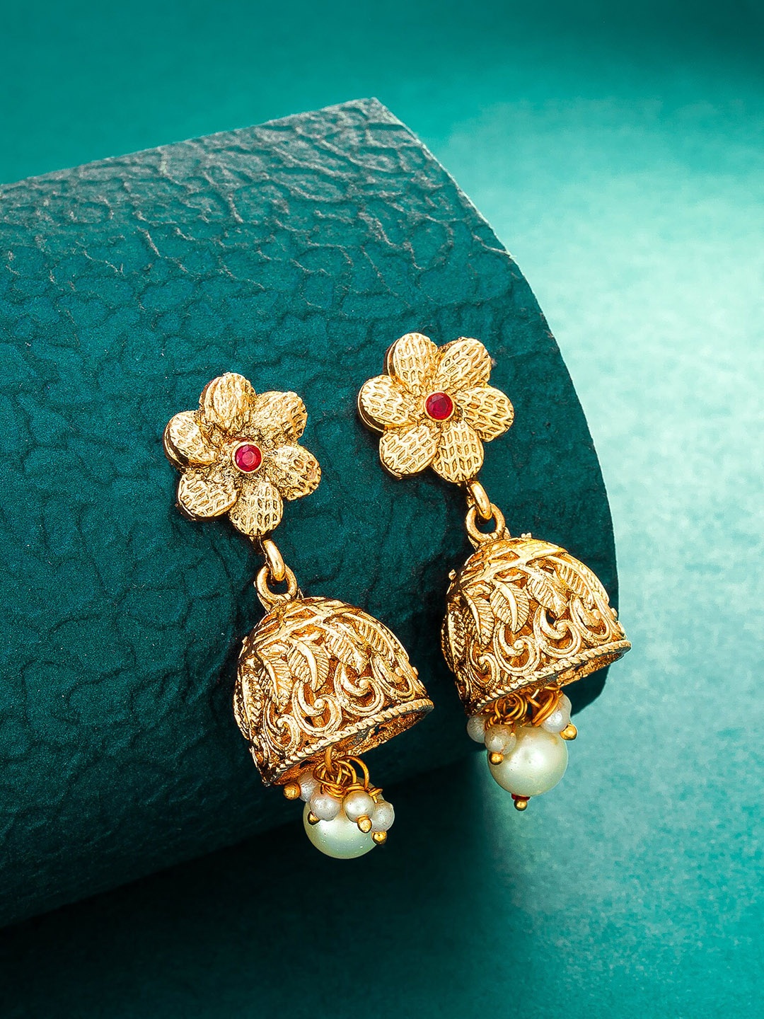 

aadita Gold-Toned Contemporary Jhumkas Earrings