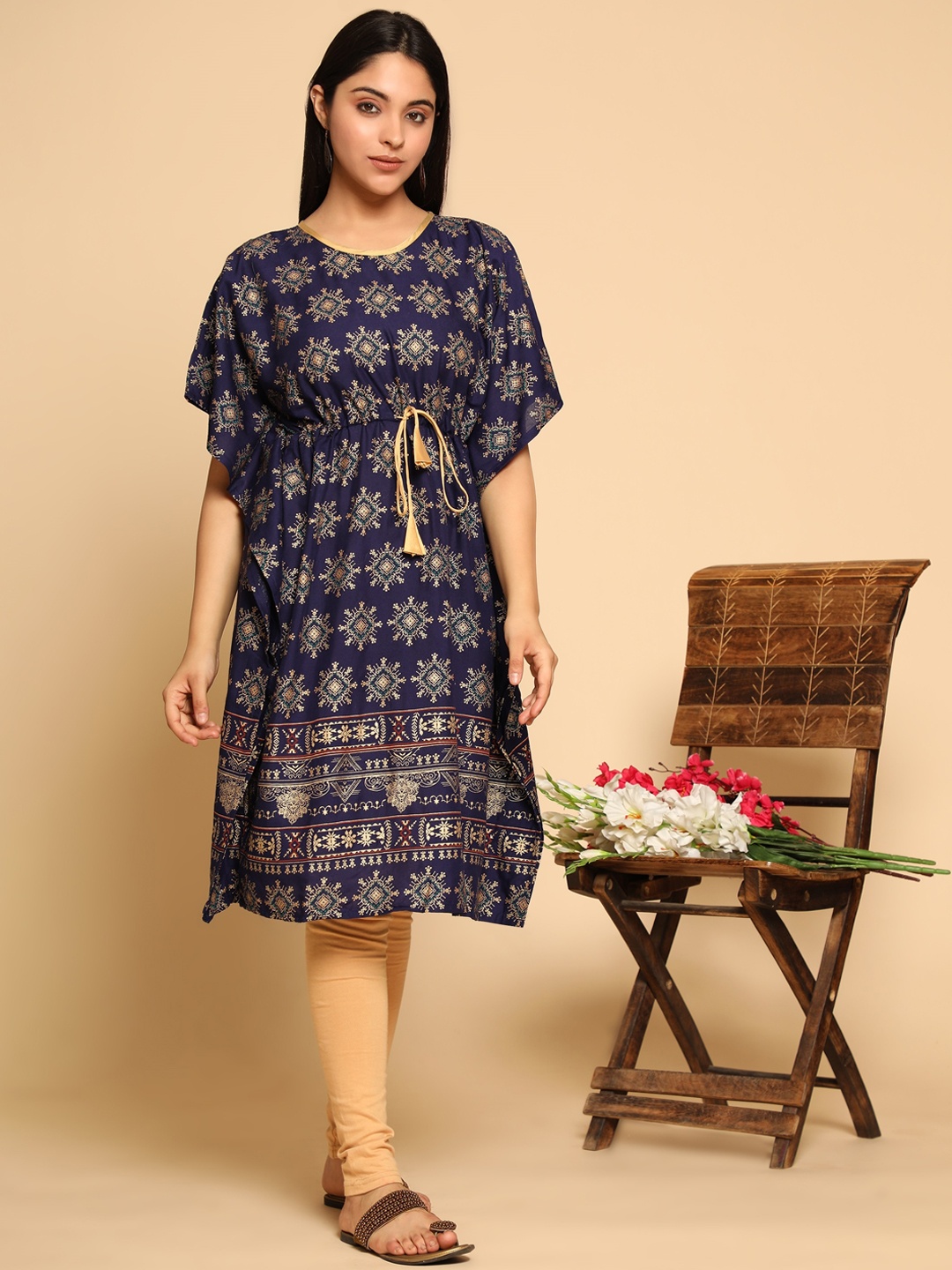 

KALINI Women Navy Blue & Gold-Toned Ethnic Motifs Printed Cotton Kaftan Kurta