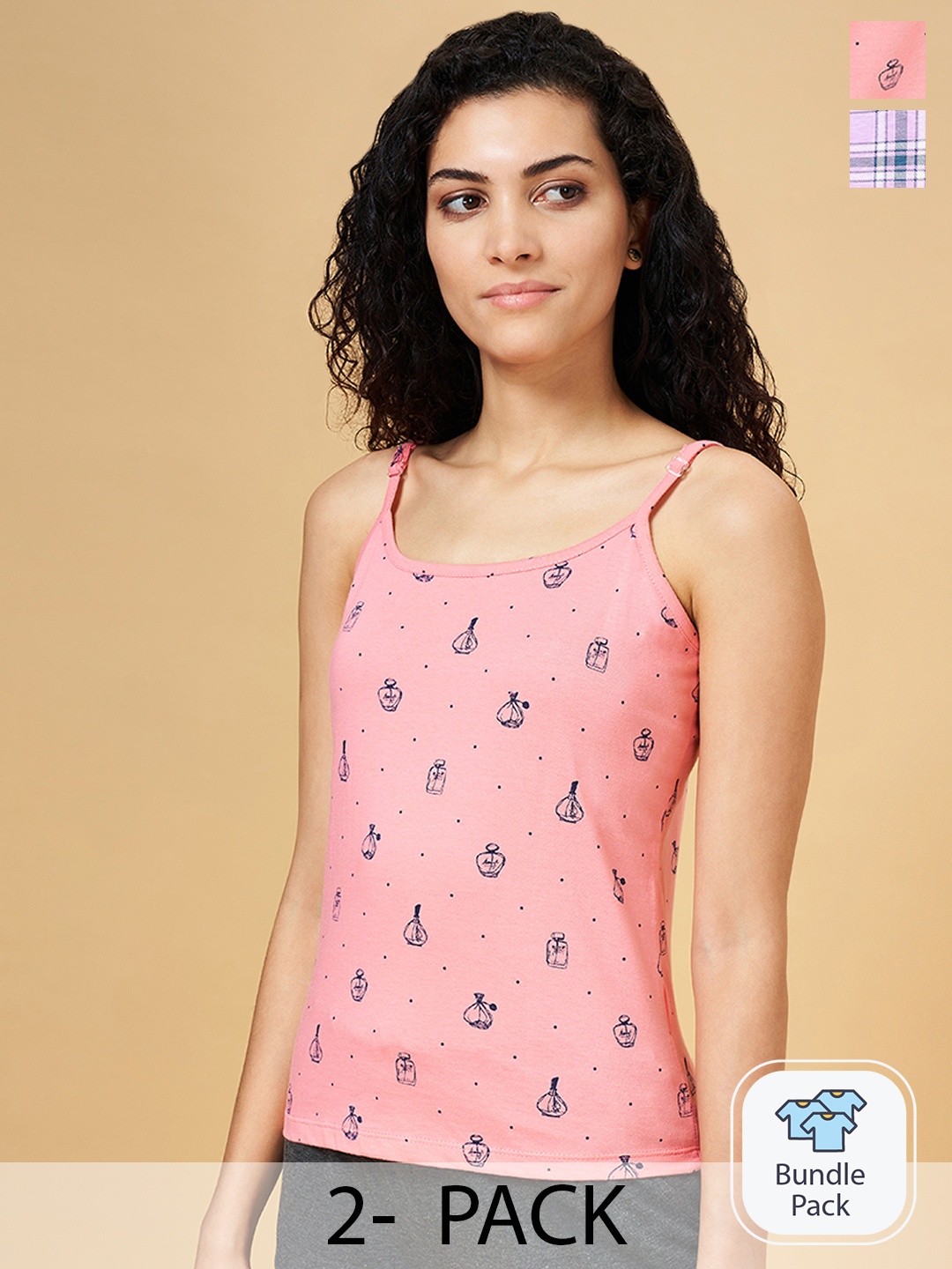 

Dreamz by Pantaloons Women Pack Of 2 Printed Cotton Non-Padded Camisoles, Pink
