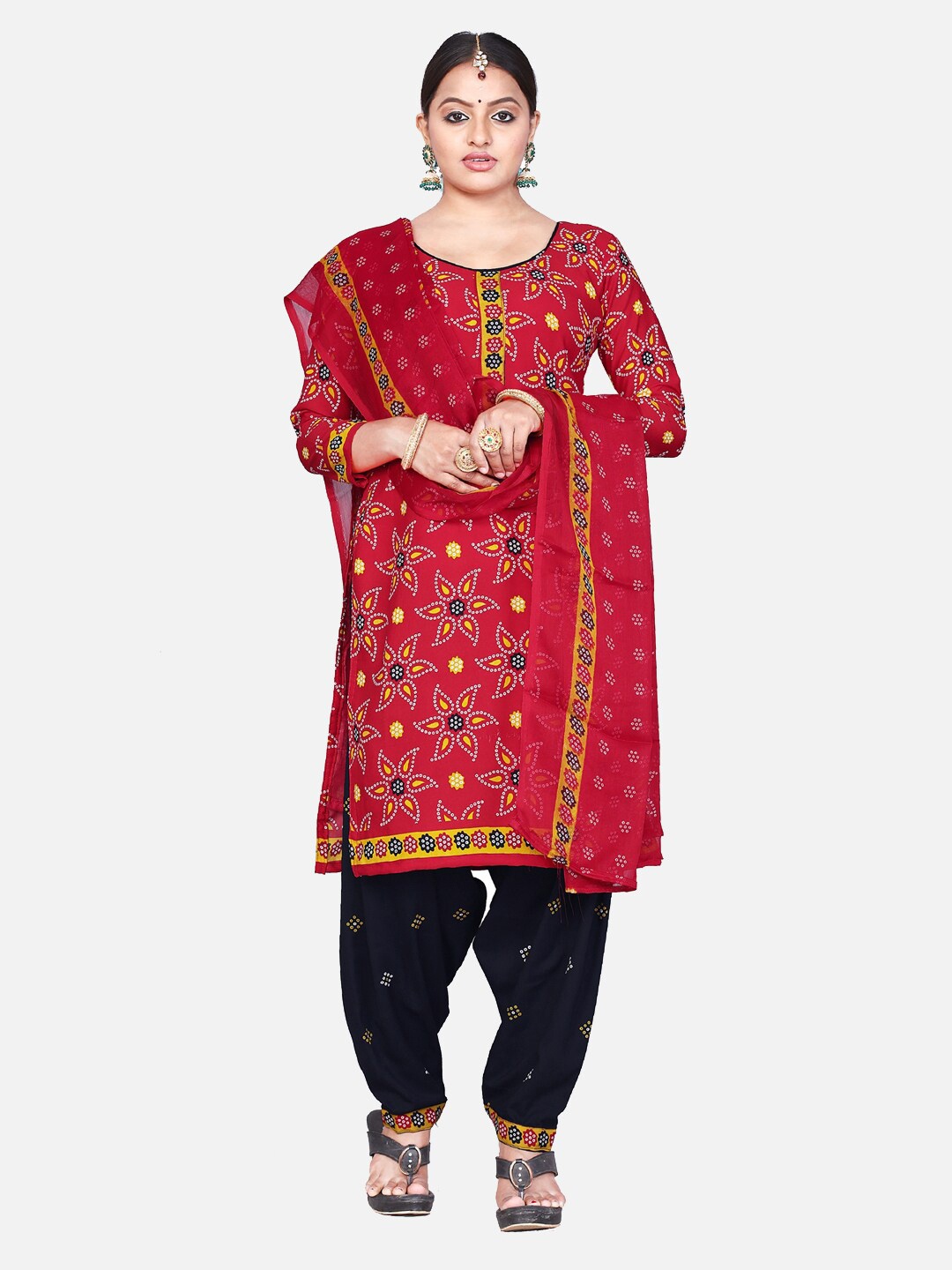 

SALWAR STUDIO Red & Yellow Printed Unstitched Dress Material