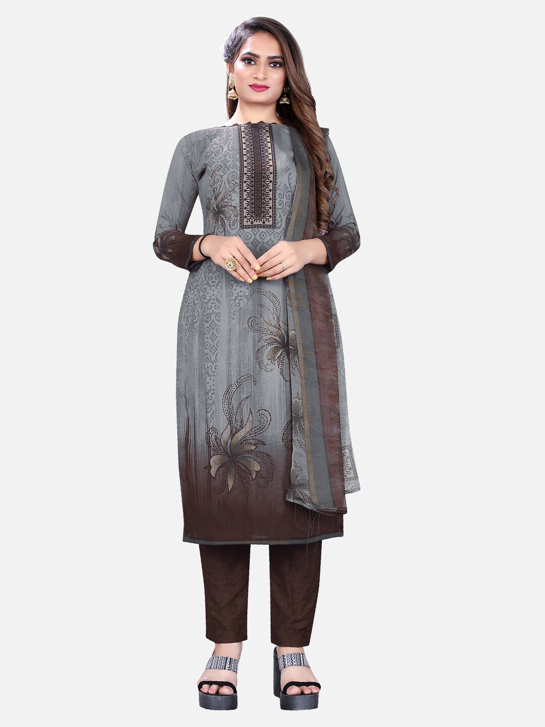 

SALWAR STUDIO Grey & Black Printed Unstitched Dress Material