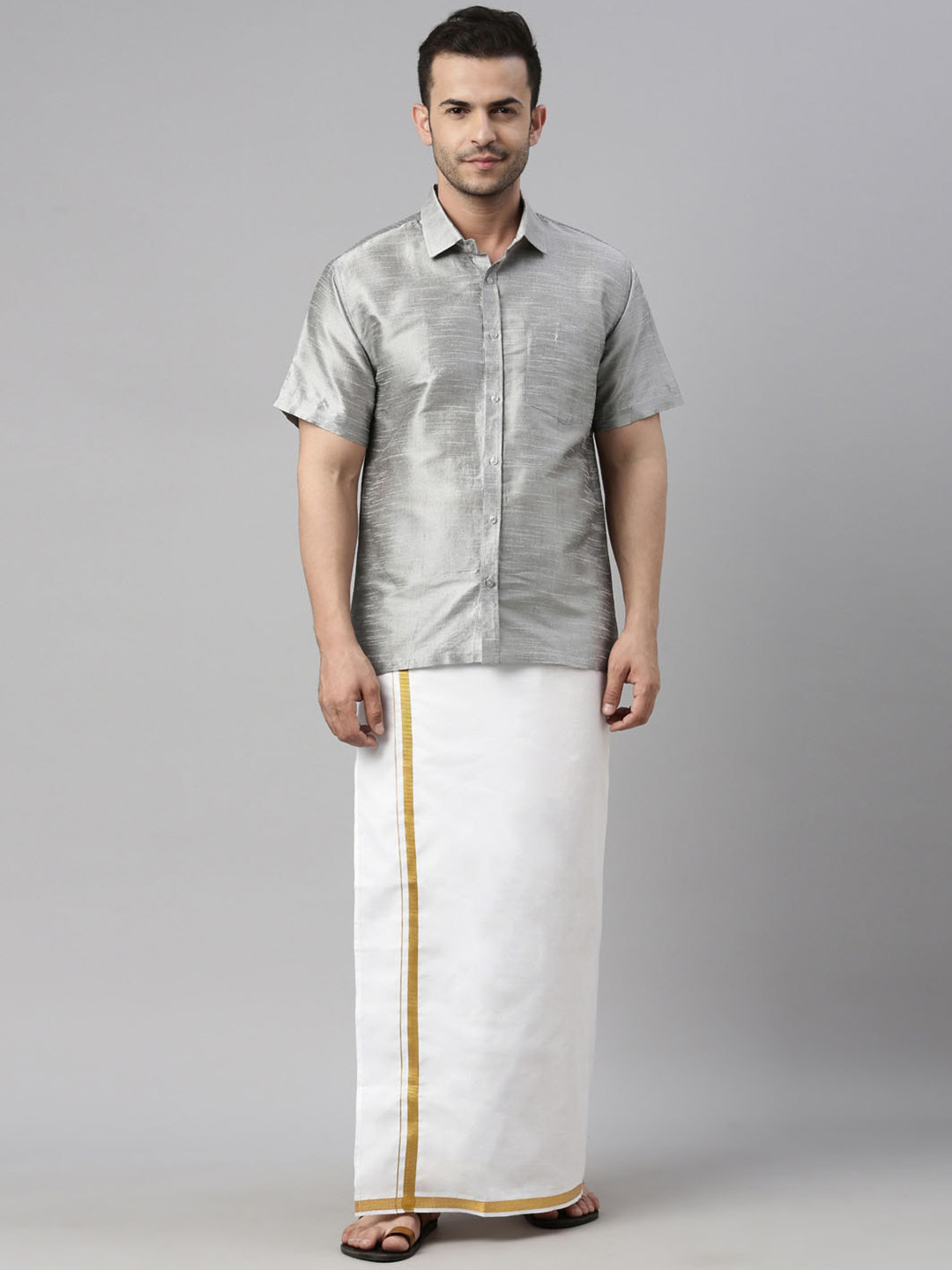 

VASTRAMAY Men Grey & White Shirt with Dhoti Pants