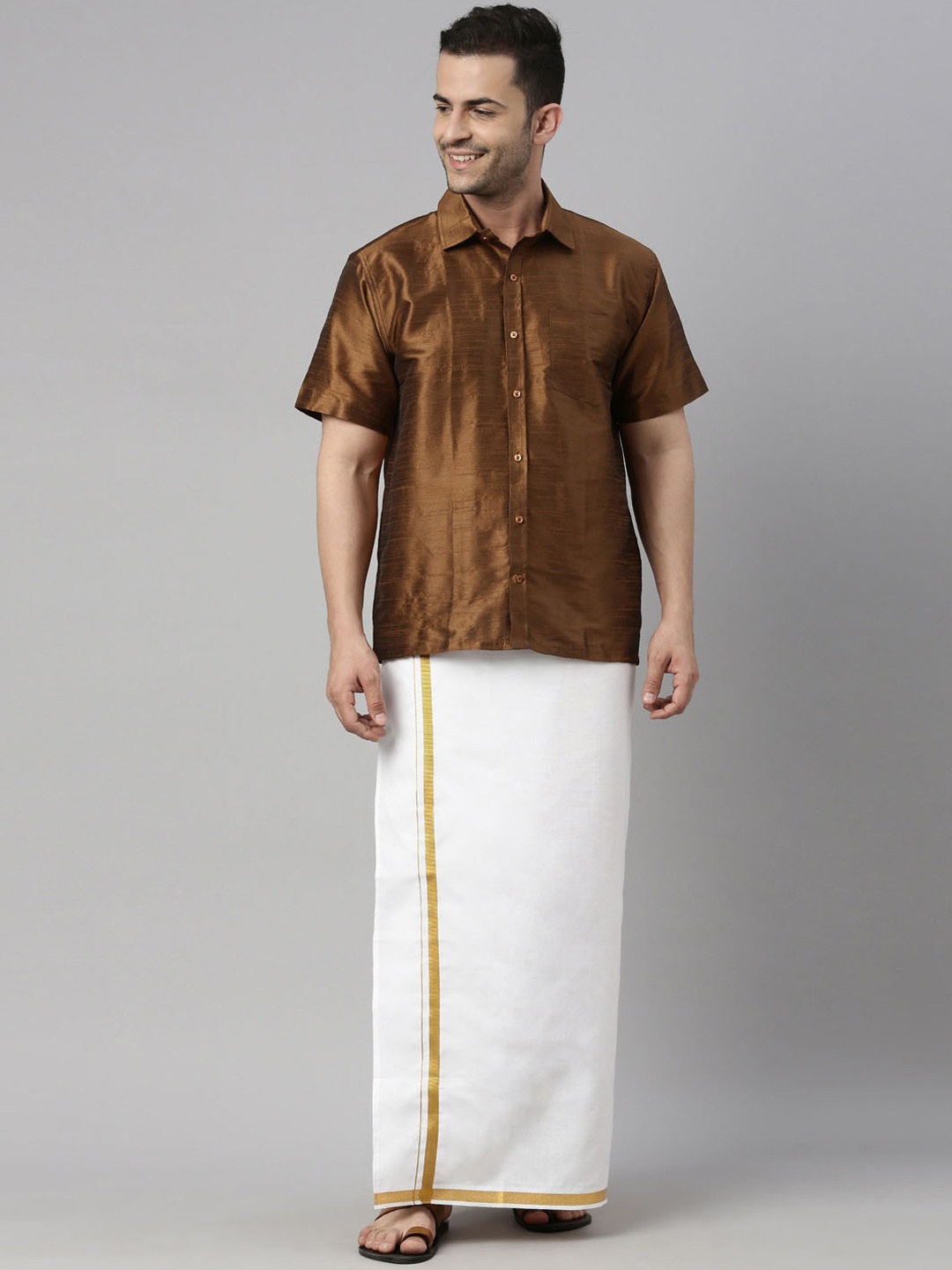 

VASTRAMAY Men Coffee Brown & White Silk Blend Shirt And Mundu