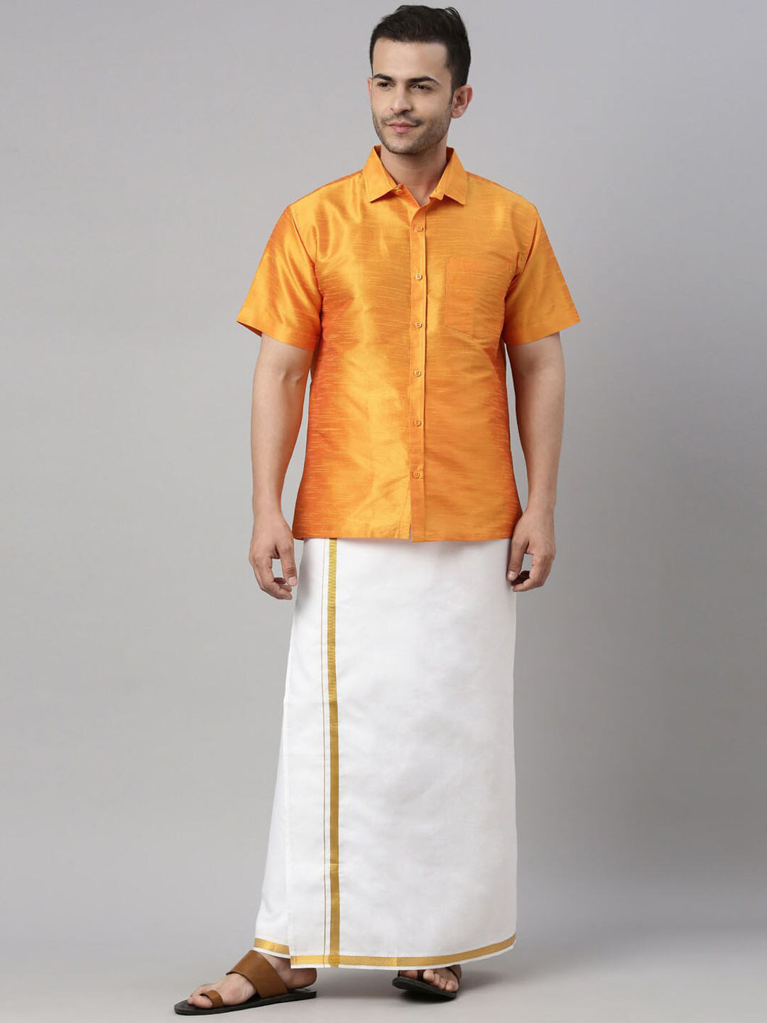 

VASTRAMAY Men Orange & White Silk Blend Shirt And Mundu