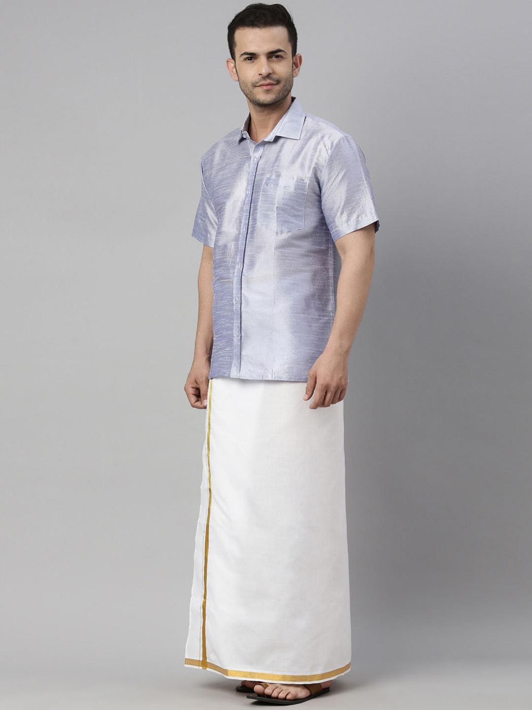 

VASTRAMAY Men Lavender & White Shirt with Mundu